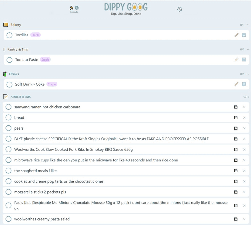 A teenager's chaotic shopping list brain dump including items like 'FAKE plastic cheese SPECIFICALLY the Kraft Singles' and 'i dont care about the minions i just really like the mousse ok'