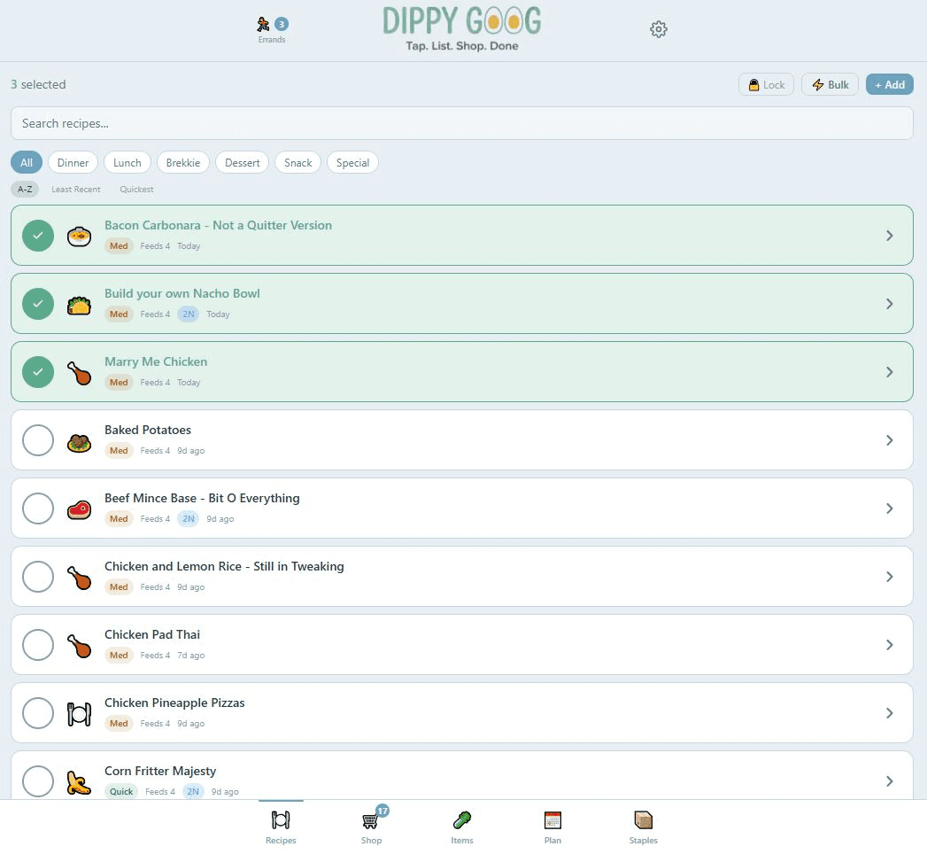 Dippy Goog on desktop — full recipe list with search, filters, and meal type tags