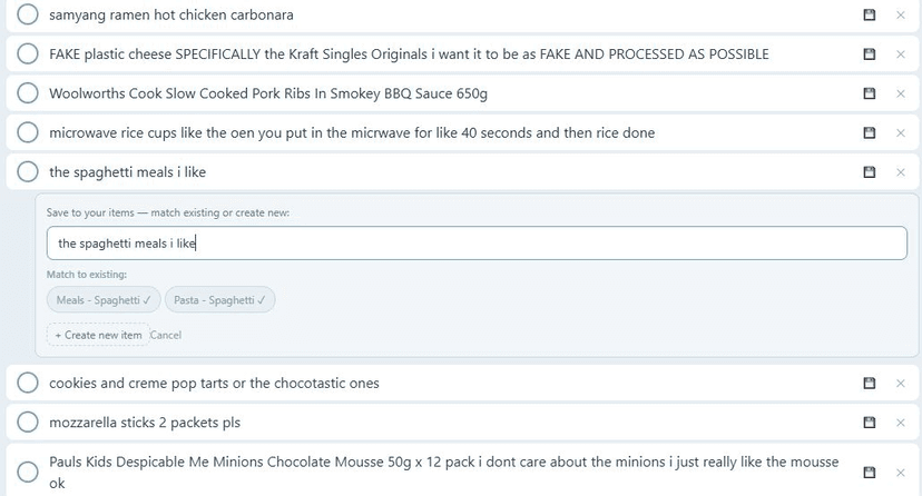 The matching interface showing 'the spaghetti meals i like' being matched to existing items Meals - Spaghetti and Pasta - Spaghetti