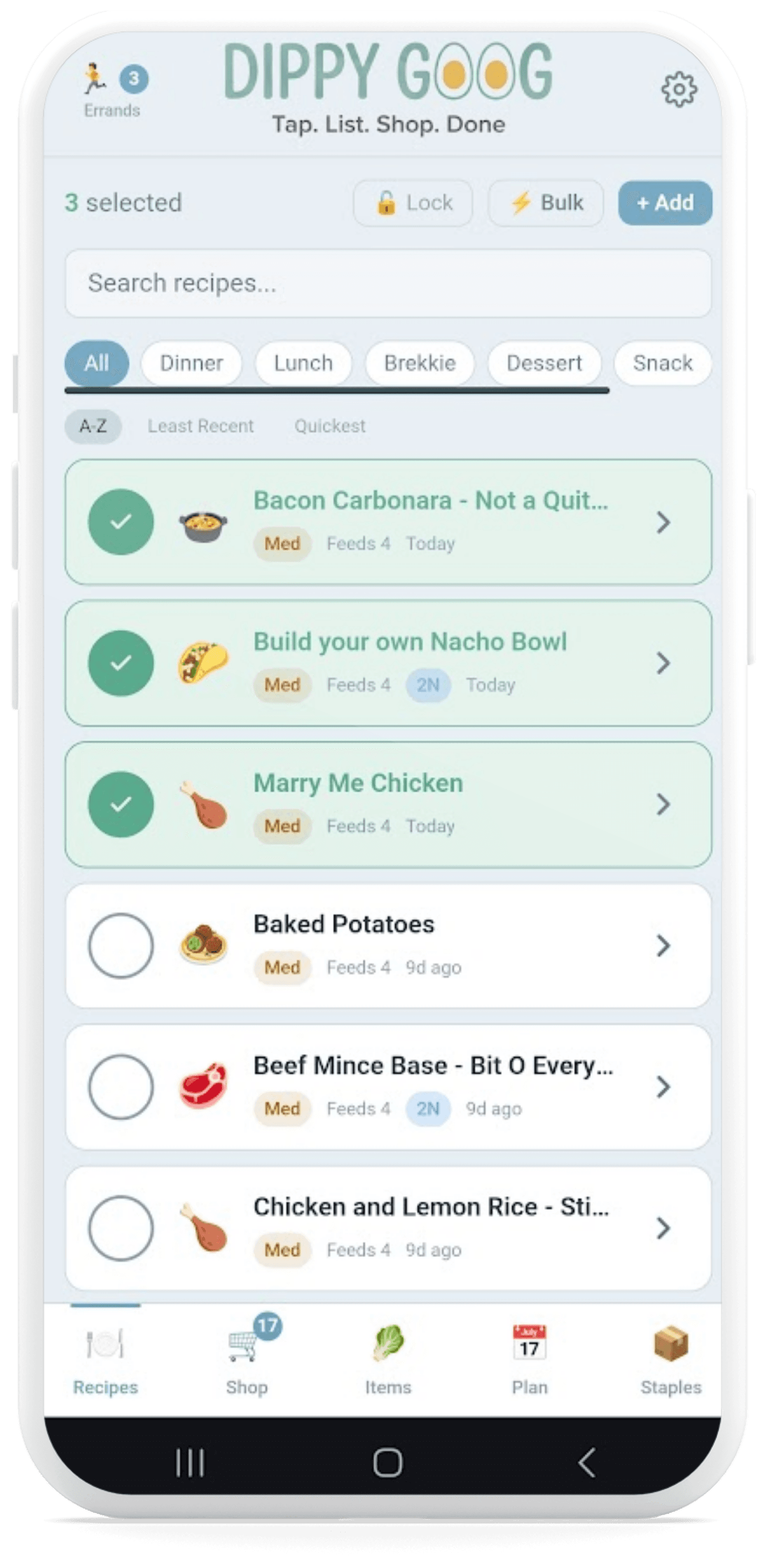 Dippy Goog on a phone — recipe list with meals selected, filter tabs, and bottom navigation