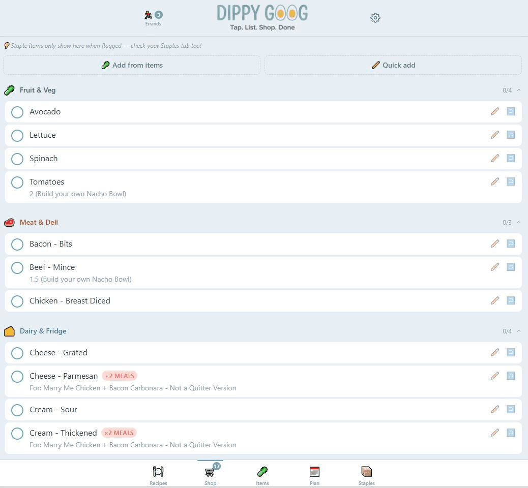 Shopping list sorted by aisle