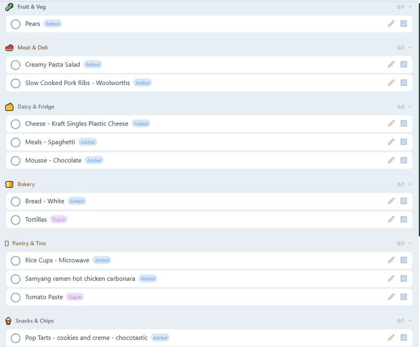 The final shopping list neatly sorted by aisle - Fruit & Veg, Meat & Deli, Dairy & Fridge, Bakery, Pantry & Tins, Snacks & Chips
