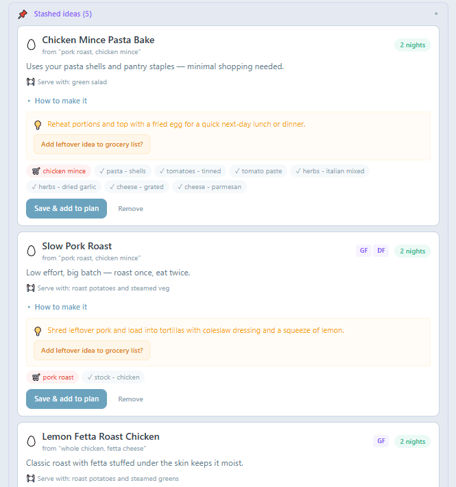 Stashed meal ideas saved for later